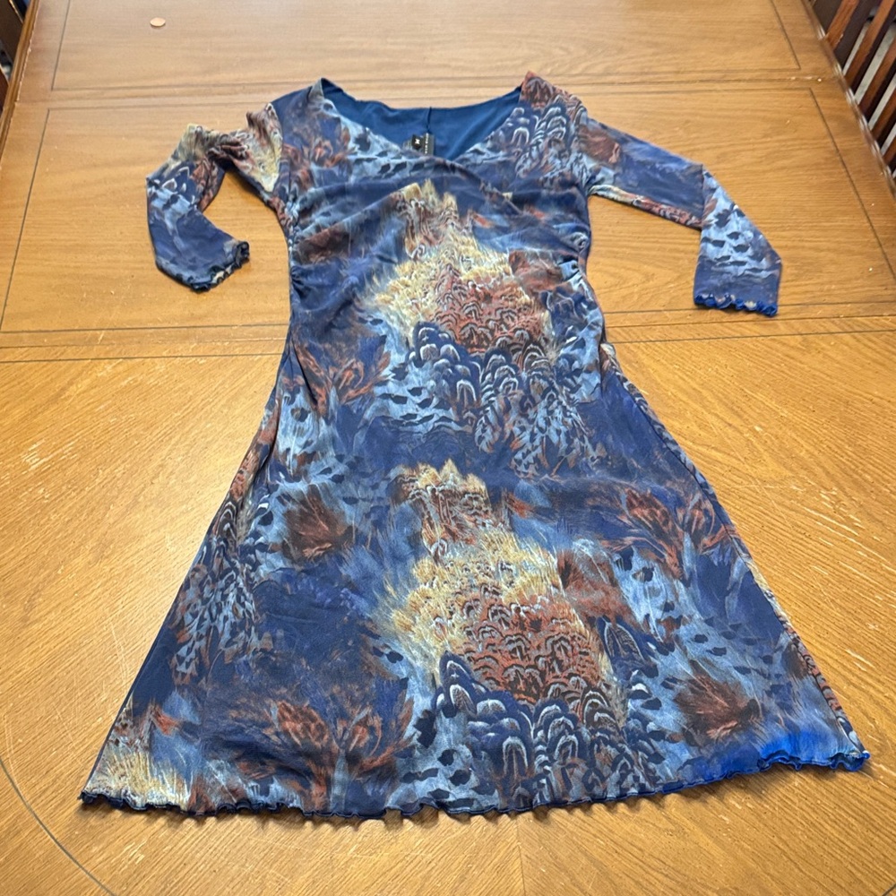 Vintage Anthropologie WestonWear Blue Peacock Fairy Print Mesh Nylon Dress M EUC